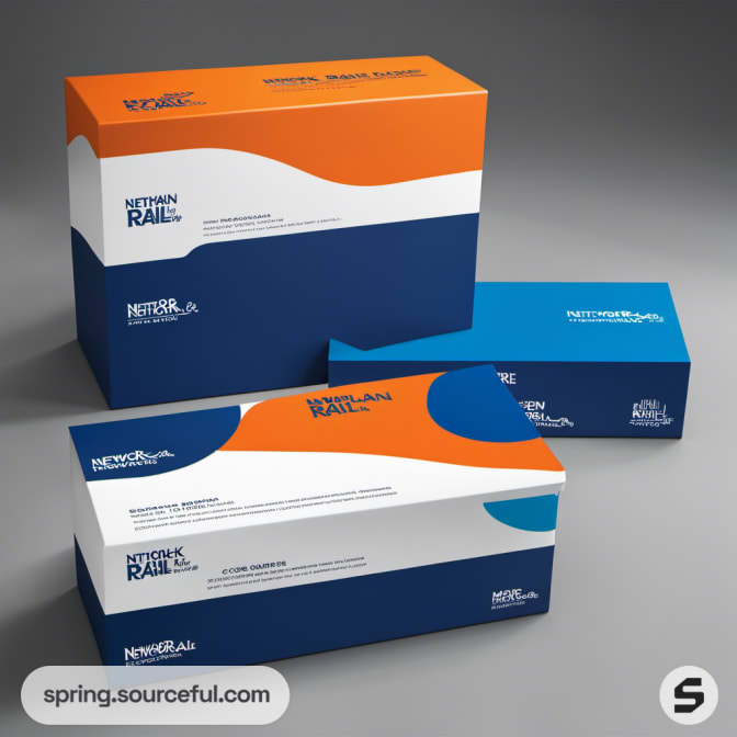 Blue and orange mailer boxes with wave patterns.