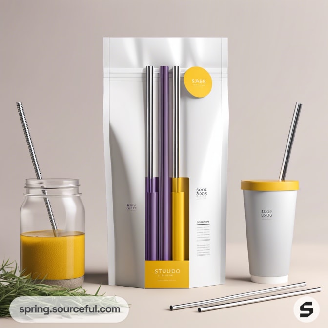 White resealable pouch with purple and silver straws next to glass and cup with straws.