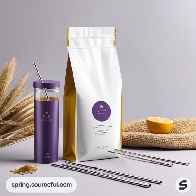 White resealable pouch with a purple bottle and metal straws on a neutral background.