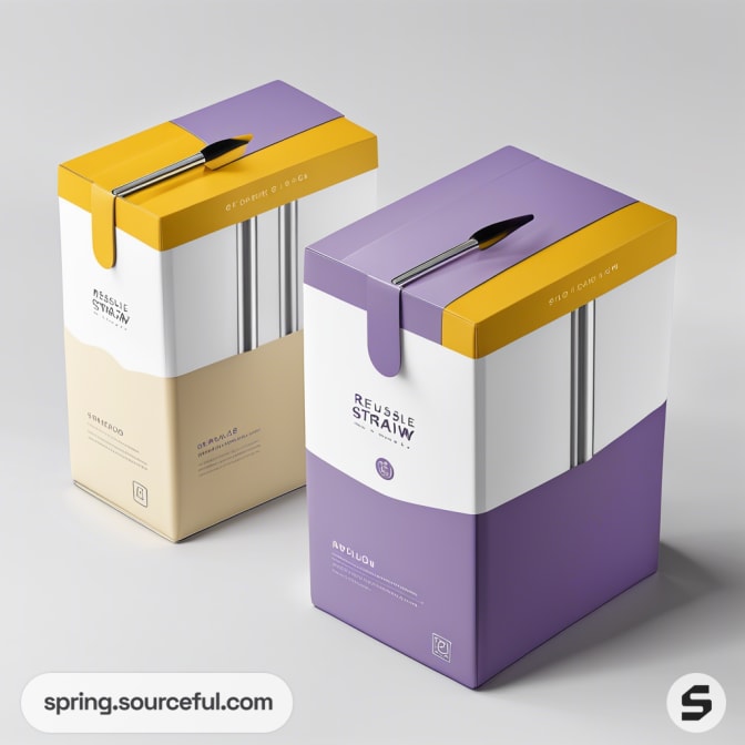 Two rectangular straw boxes, one beige with yellow top and one purple with yellow top. Each has a black straw in a slit.