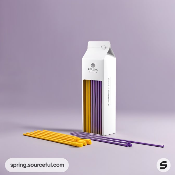 White carton with yellow and purple straws on a lavender background.