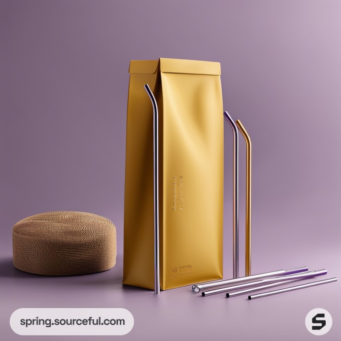 Matte gold bag with metal straws and a mesh sponge on a purple background.