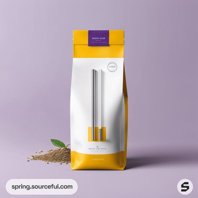 Yellow and white coffee bag with a purple label and metal straws on a lavender background.
