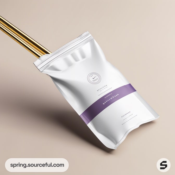 White resealable pouch with purple label on beige background.