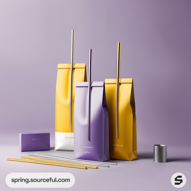 Purple and gold coffee bags with metal straws on a purple background.
