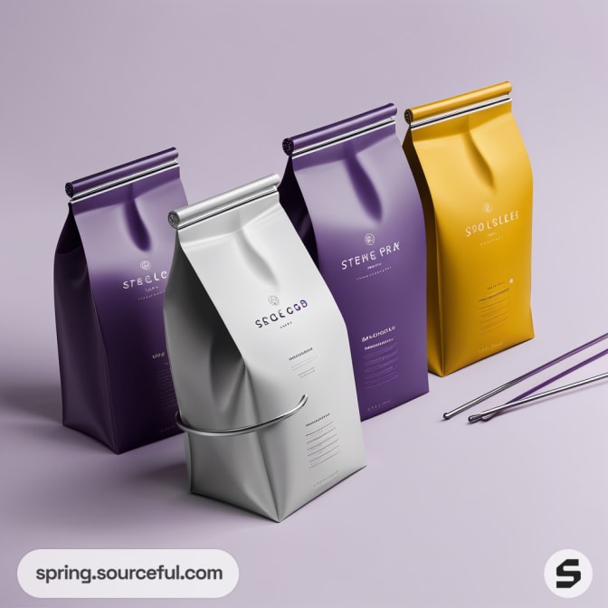 Purple and white resealable coffee bags with metallic accents on a light purple background.