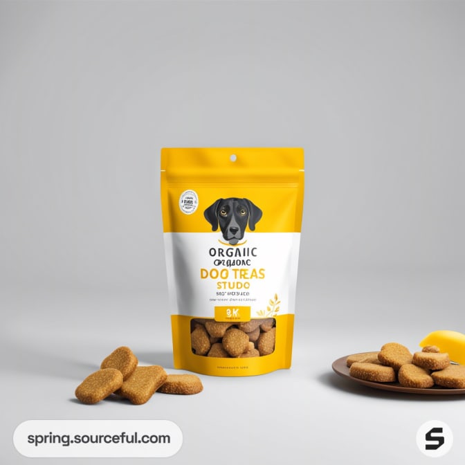 Yellow resealable pouch with dog treats, featuring a dog illustration and text on a plain background.