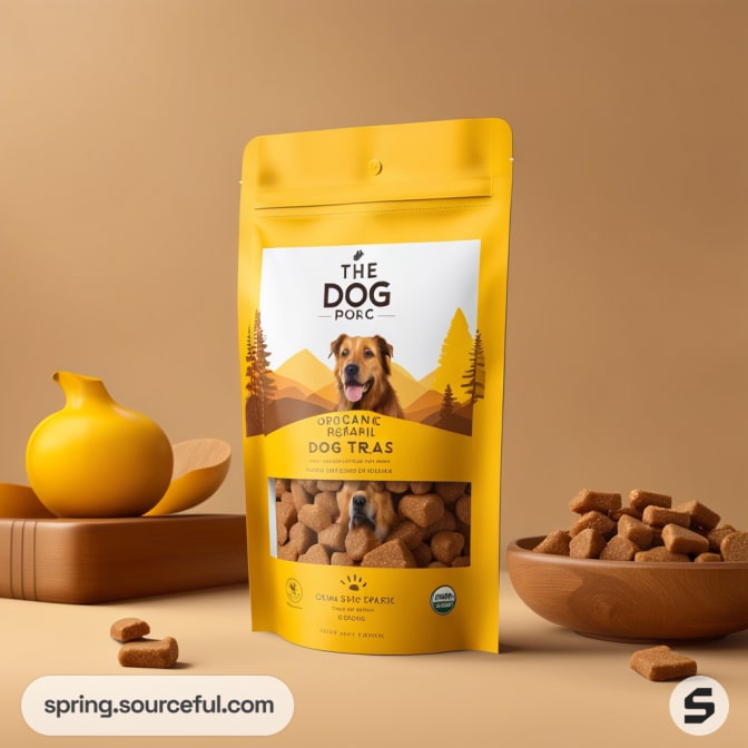 Yellow resealable pouch of dog treats with mountain design, beside a teapot and scattered treats on a tan background.