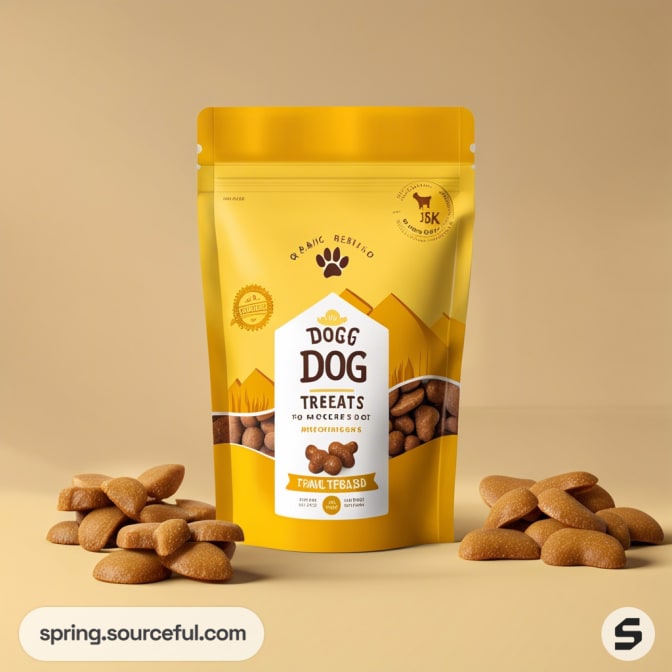 Yellow resealable pouch of dog treats with small treat piles, set against a beige background.
