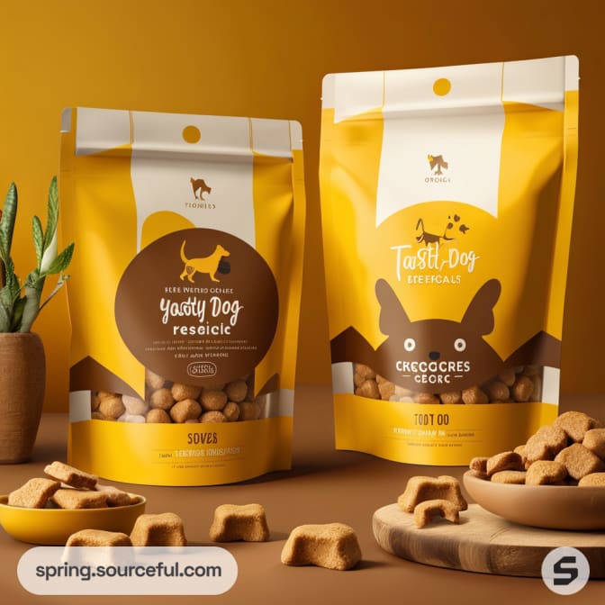 Yellow resealable pouches with dog treats, featuring playful dog illustrations and text, surrounded by scattered treats.