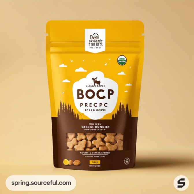 Yellow and brown resealable pouch with dog biscuits, featuring forest silhouette design and product information.