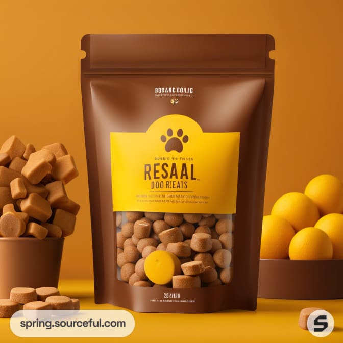 Brown resealable pouch with dog treats and yellow label, surrounded by treats and yellow spheres.