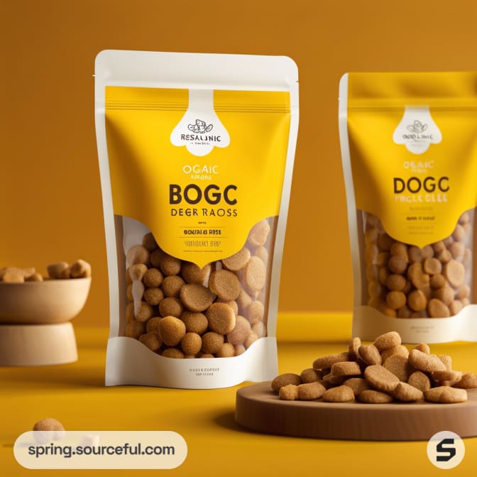 Two transparent resealable pouches with yellow labels containing brown snacks on a yellow background.