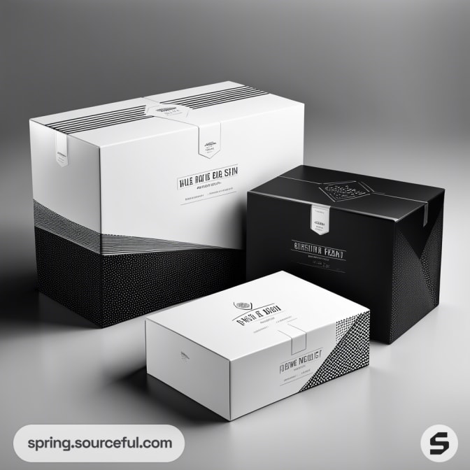 Three minimalist black and white gift boxes with abstract geometric patterns and lids, arranged on a gray surface.