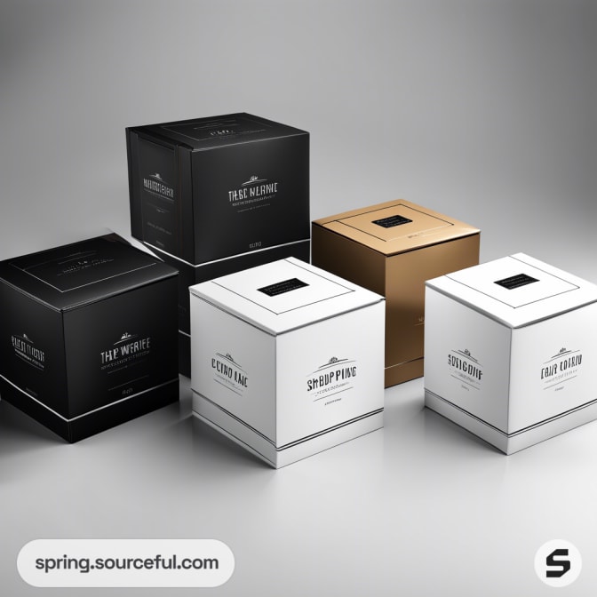 Collection of square boxes in black, white, and gold with minimalist designs on a gray background.