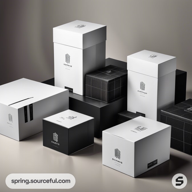 Elegant black and white luxury gift boxes stacked on a neutral background.