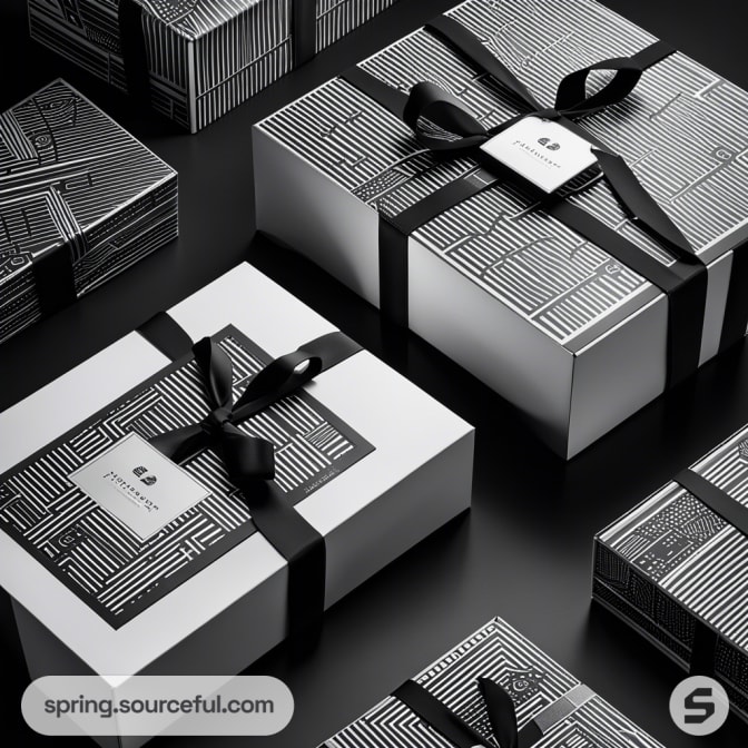 Monochrome gift boxes with geometric patterns and black ribbons on a black surface.