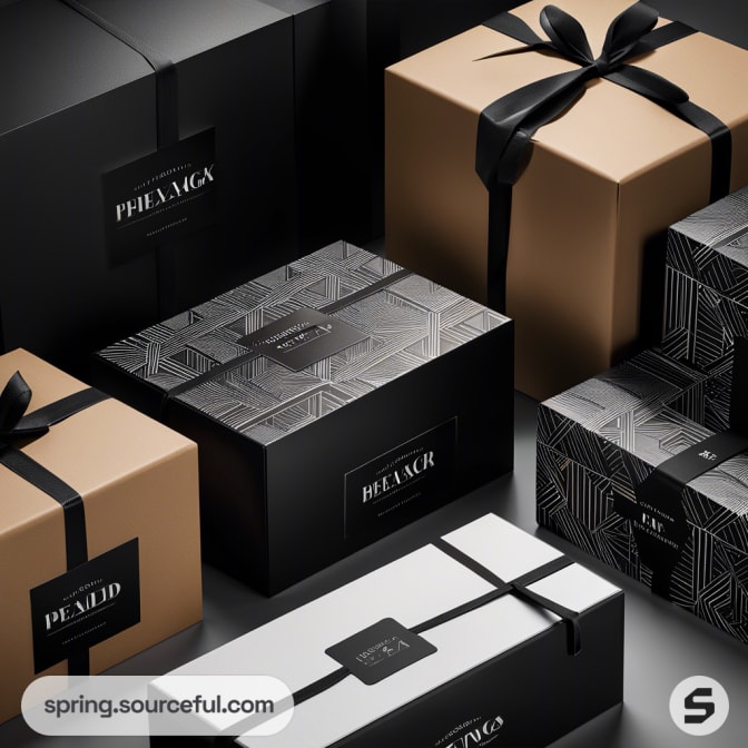 Elegant black and gold gift boxes with geometric patterns and ribbons.