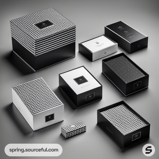 Assorted black and white luxury gift boxes with geometric patterns on a gray surface.