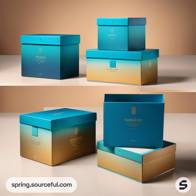 Stacked gradient teal and gold rigid boxes with lids.