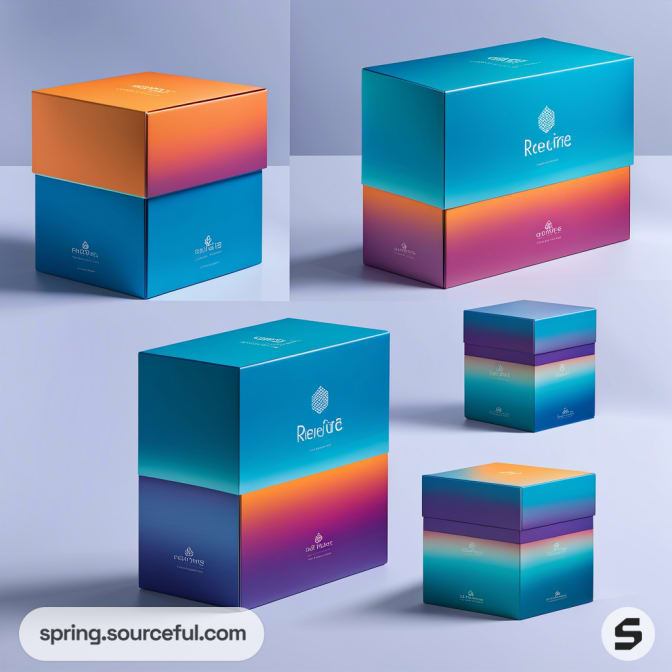 Colorful gradient cardboard boxes in various sizes, featuring a blue, orange, and purple blend on a gray background.
