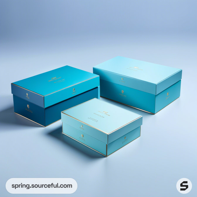 Blue gradient gift boxes with gold trim on a light blue background.