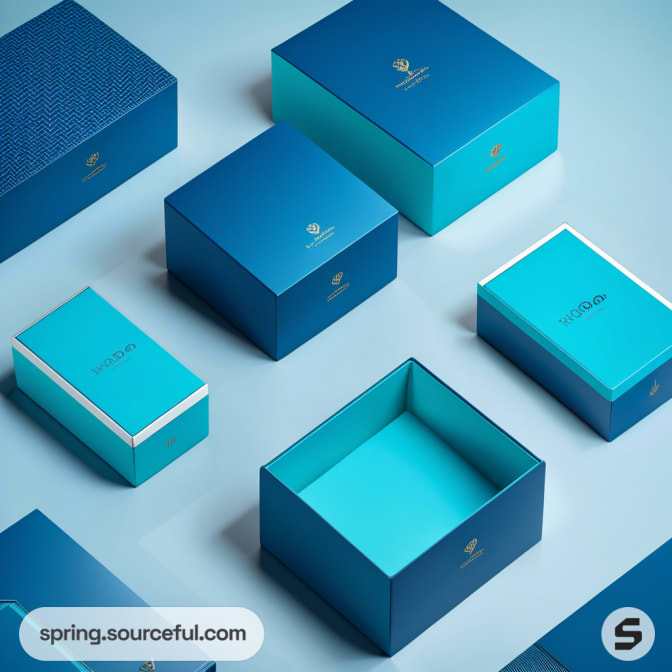 Various blue boxes with gold accents on a light blue surface.