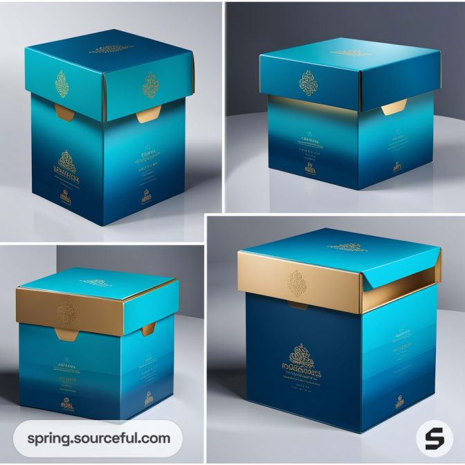 Turquoise and gold luxury gift boxes with lids.