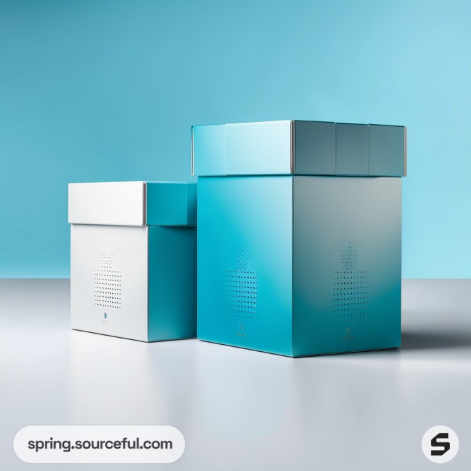 Two blue gradient cardboard boxes with minimalist design on a light blue background.