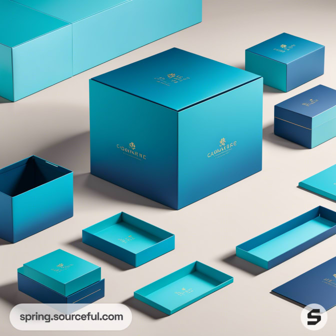 Assorted blue packaging boxes with gold text on a light background.
