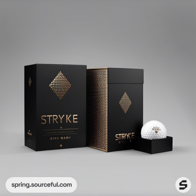 Black and gold golf ball box with a ball partly visible.