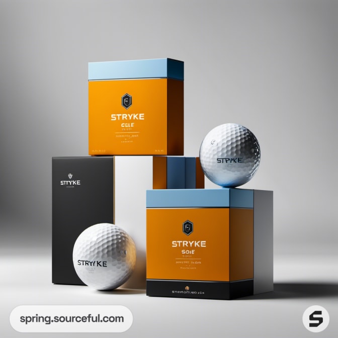 Colorful golf ball boxes with white golf balls displayed.
