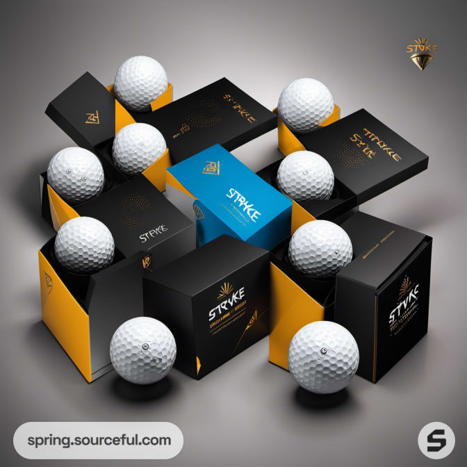 Black and yellow golf ball boxes with scattered golf balls.