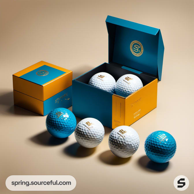 Open blue and orange golf ball box with 5 golf balls in front.