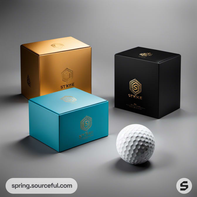 Black, gold, and teal golf ball boxes with a white golf ball.