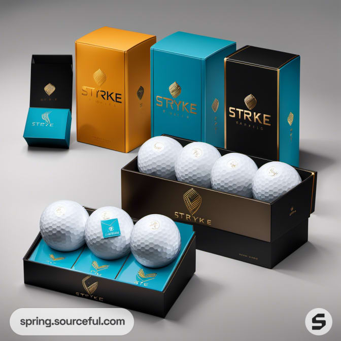 Black and gold golf ball box with multiple white balls.