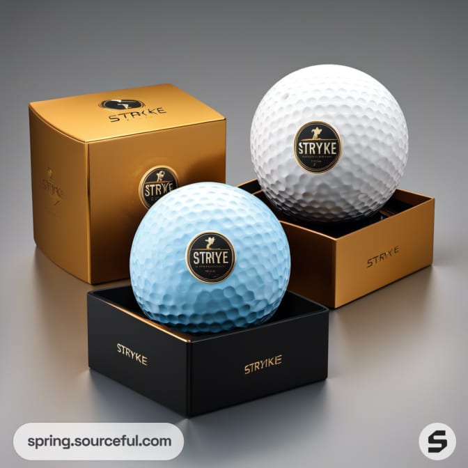 Gold and black golf ball boxes displaying blue and white balls.