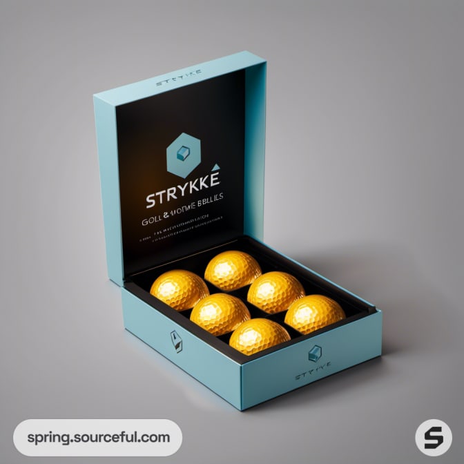 Open teal box with gold golf balls arranged inside.