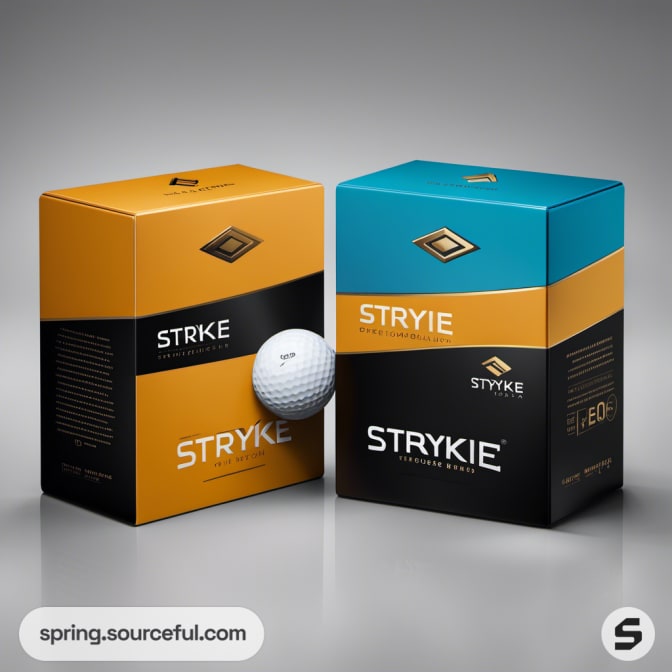 Orange and teal golf ball boxes with a white golf ball attached.