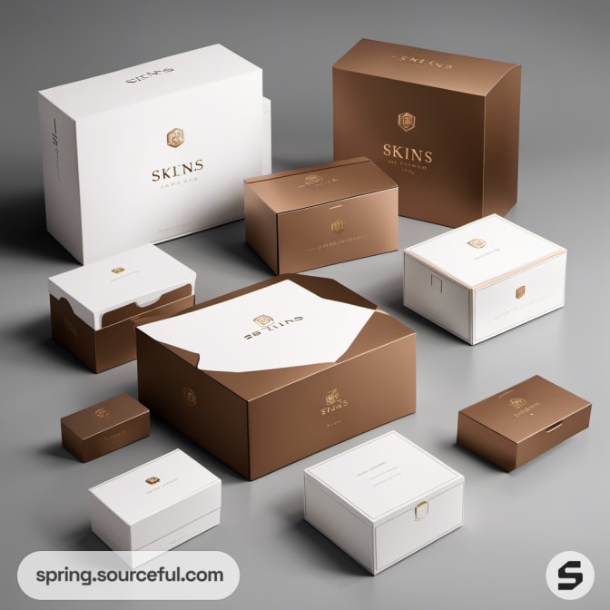 White and brown product boxes arranged on a gray surface.
