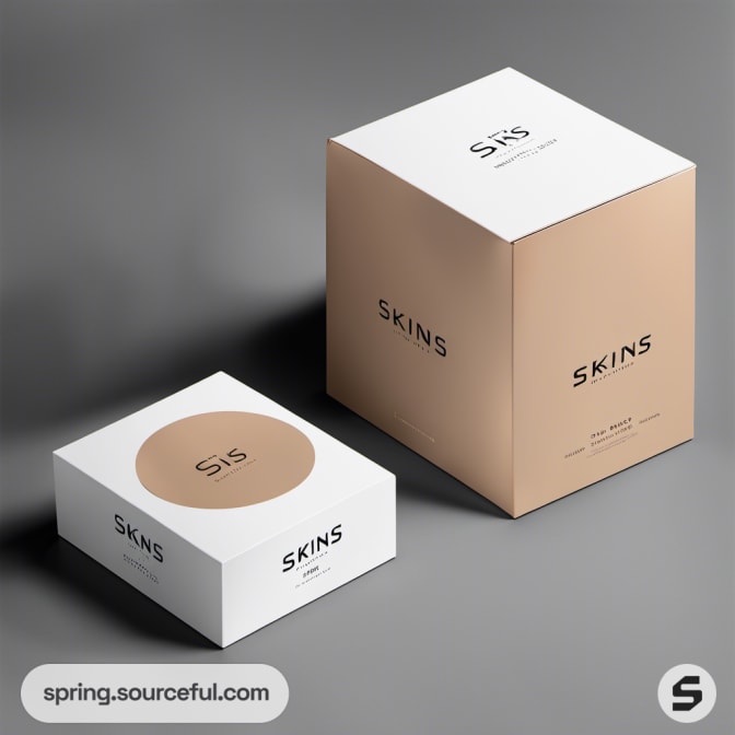 Two square boxes, one white and one beige, with 'SKINS' text.