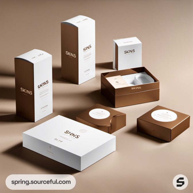 Various white and brown product boxes on a beige background.