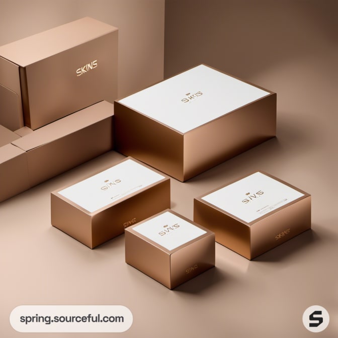 Four golden brown boxes in a row on a light brown surface.
