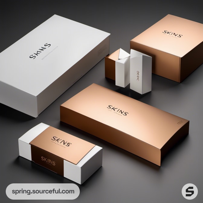 White and copper-colored rectangular boxes on dark surface.