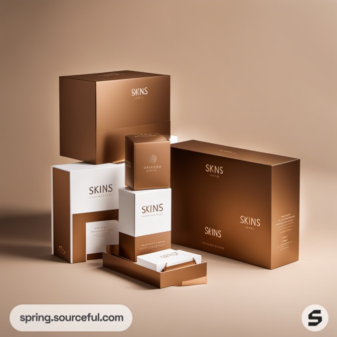 Stacked brown and white boxes with 'SKINS' text on beige.