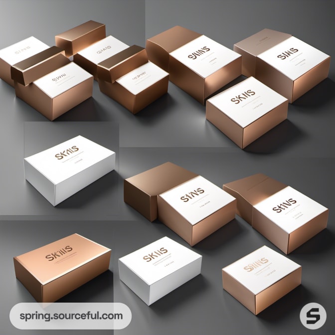 Collage of bronzed and white product boxes.