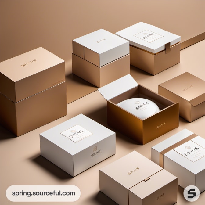 White and bronze square boxes with lids open, showcasing packaging.