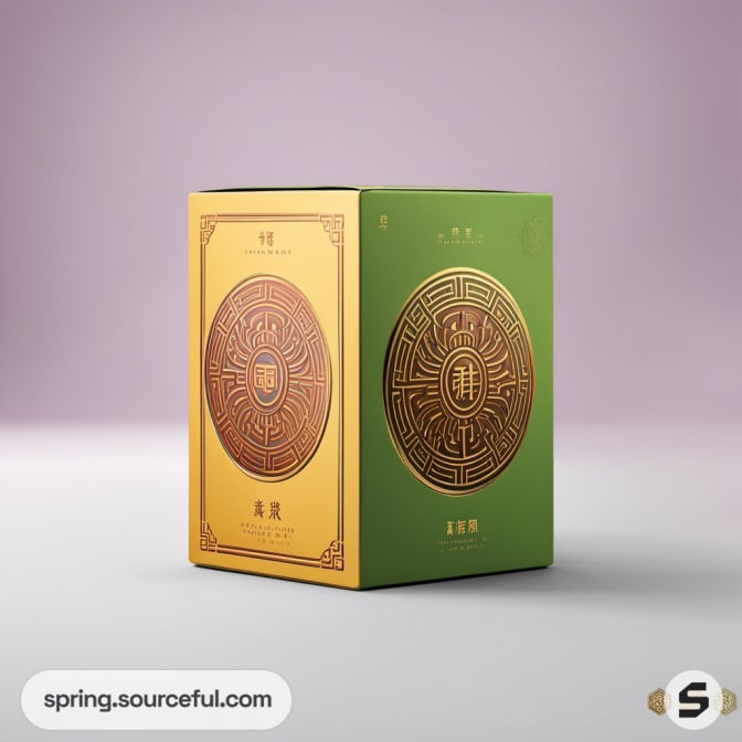 Green and yellow box with intricate circular pattern on a purple background.
