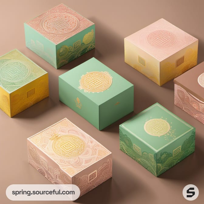 Assorted pastel-colored boxes with circular patterns on a beige surface.