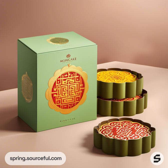 Green box with intricate pattern, holding round mooncakes with red tops.